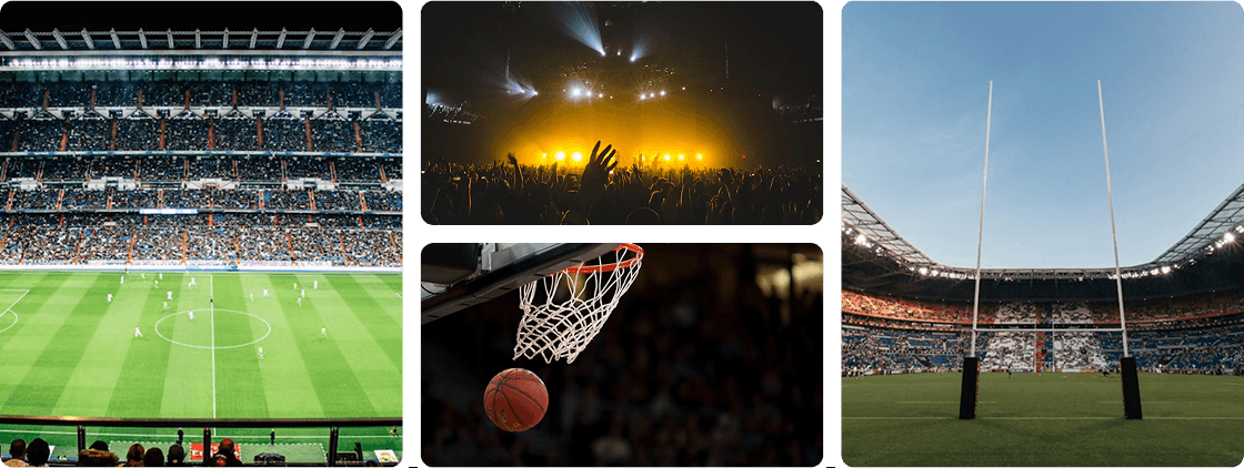 Events grid showing concerts, sports, and entertainment experiences