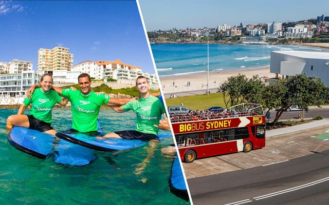 Combo: Surf Lesson at Bondi Beach + Sydney Hop-on Hop-off Bus Tour