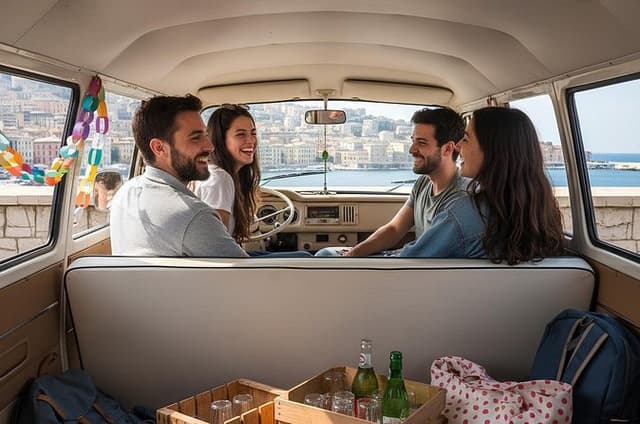 Genoa panoramic in Volkswagen hippie with wine