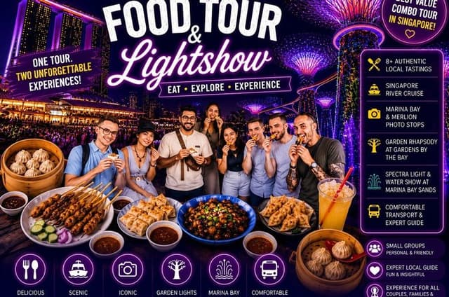 8-hr guided tour : Food Tour, 40-min River cruise & 2 light Shows