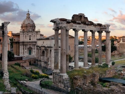 Rome forum with ruins of ancient architecture
