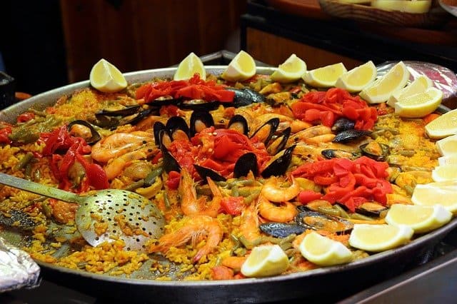 the most famous spanish food export seafood paella. paella de marisco.