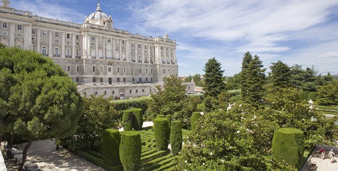 the royal palace sabatini gardens in madrid, spain