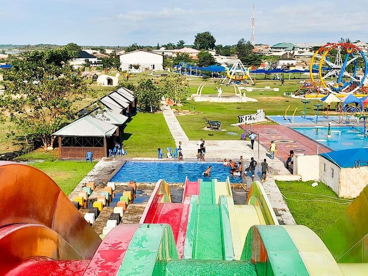 View of the water slides and amusement rides at Omu Resort. 