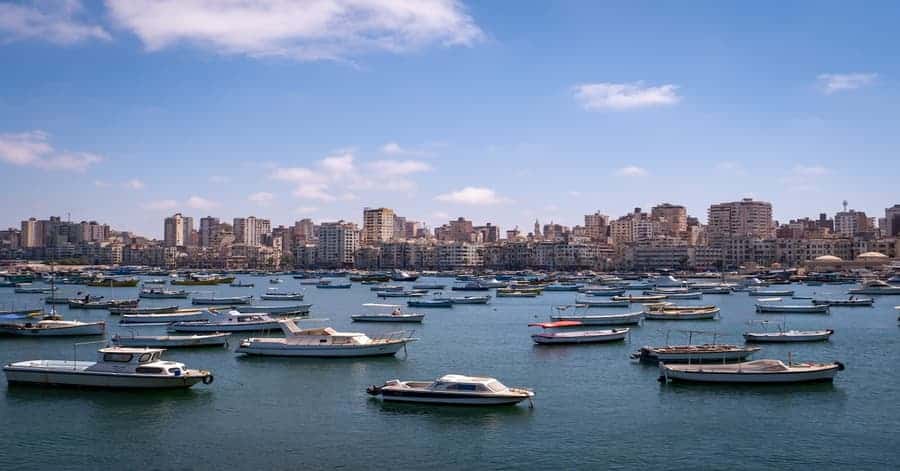 Several boats in the Mediterranean sea in Alexandria Egypt