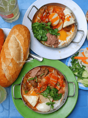All  toppings for banh mi are prepared in a small heated pan