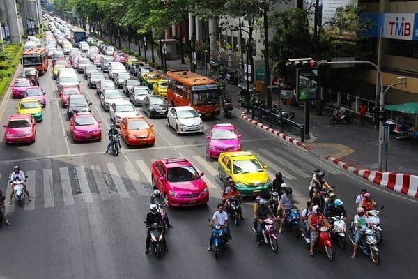 Taxis stuck in Bangkok's traffic. 