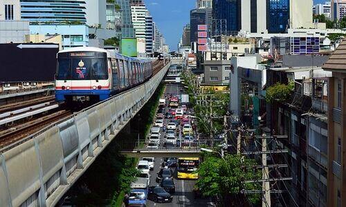 BTS Skytrain above the traffic in Bangkok. 