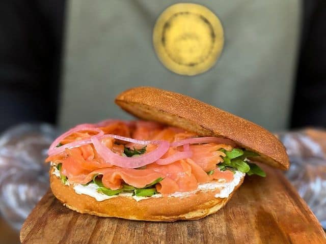 A picture of a smoked salmon bagel at Ralph’s German Bakery in Cairo, Egypt.