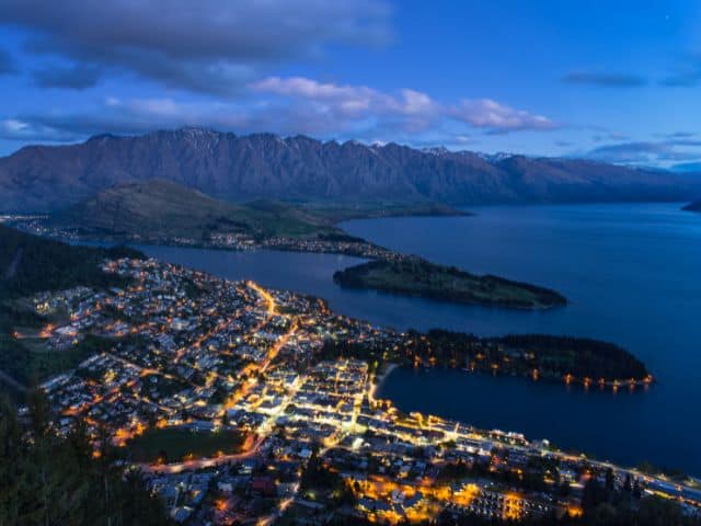 A night time aerial view of Queenstown