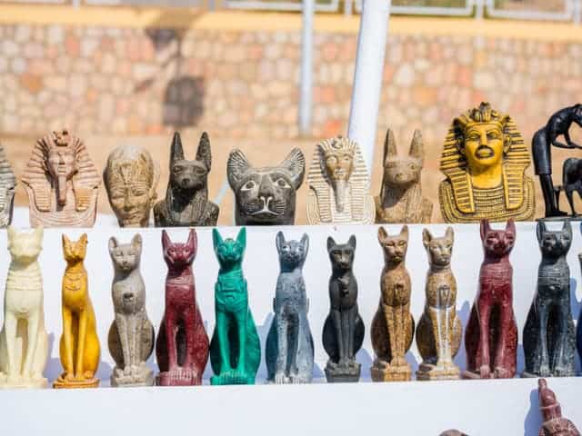 A picture of some statues that are being sold at Khan el-Khalili in Egypt.