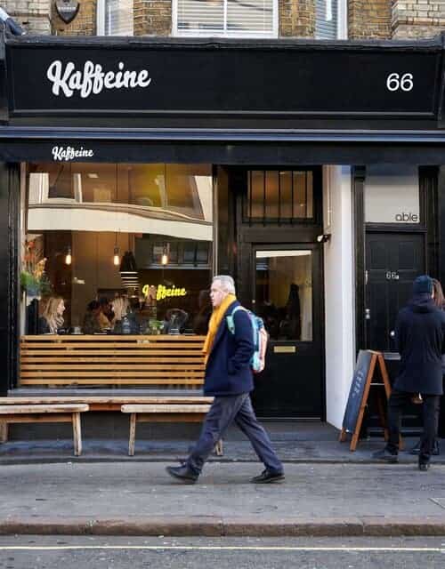 A picture outside of Kaffeine cafe in london.