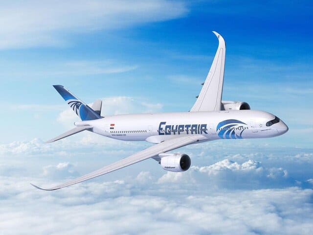 A picture of a plane in the air belonging to EgyptAir Airlines.