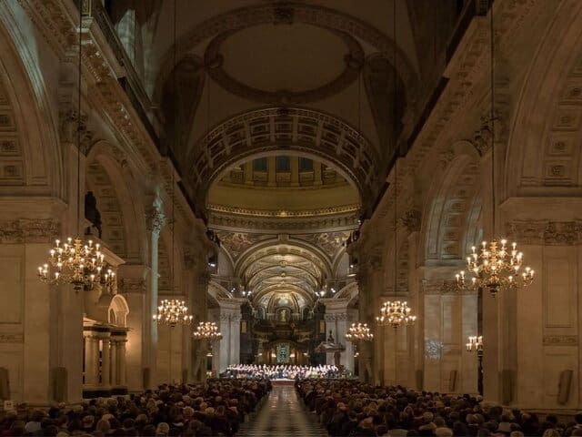 A picture inside of St Paul’s Cathedral in London.