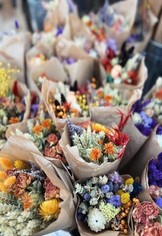 A picture of flowers sold at  Columbia Road Flower Market in London.