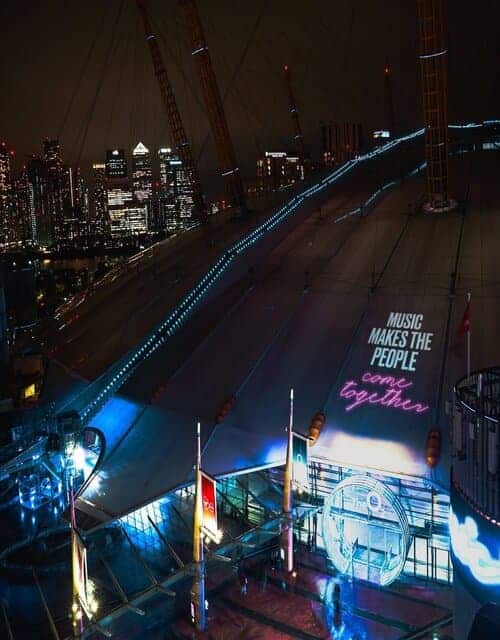A picture outside of the O2 Arena in London.