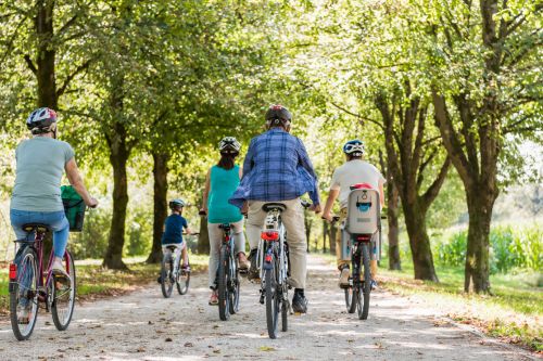 A picture of a family cycling in a park.