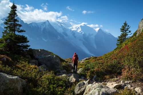 A picture of a man hiking on the popular trail Tour du Mont Blanc near Chamonix, France.