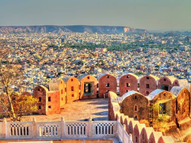 An aerial picture of Jaipur in Rajasthan, India which is a slow travel destination.