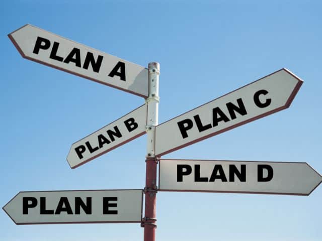 A picture of five arrow-shaped signs counting different plans on each one.