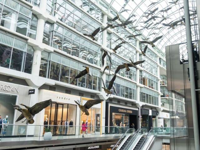 A picture inside of The Eaton Centre in Toronto, Canada.