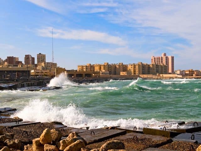 A picture of the sea in Alexandria, Egypt.