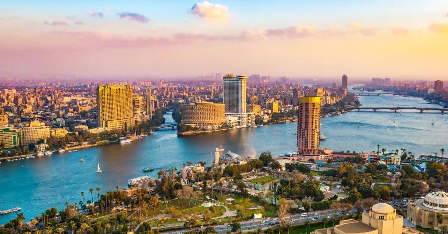 An aerial picture taken of Cairo in Egypt during the sunset.