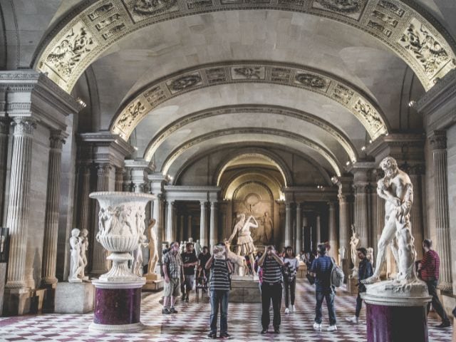 A picture inside of the Louvre Museum in Paris, France.