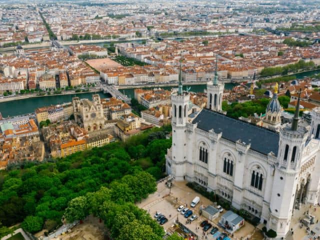 An aerial picture of the Basilica of Notre-Dame de Fourvière in Lyon.