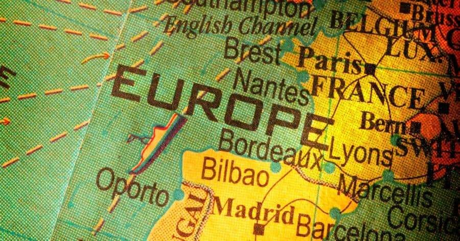 A close-up picture of Europe on an old map.