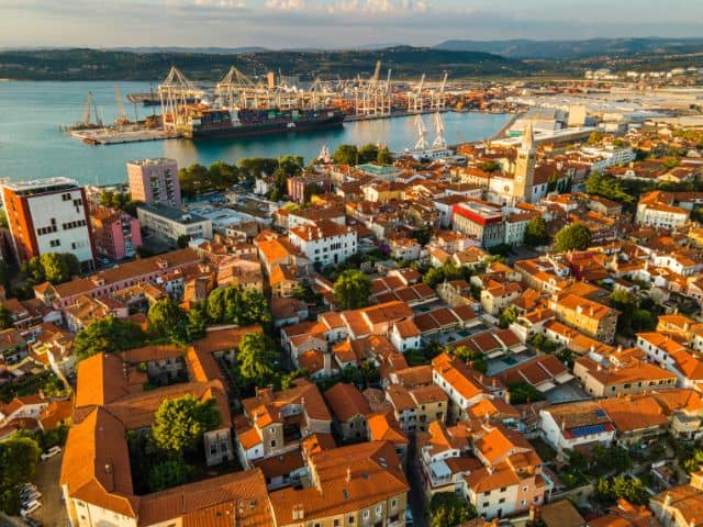 A picture of an aerial view of Koper and Koper Port in Slovenia.