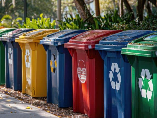 A picture of several colorful trash bins with recycling signs on them.