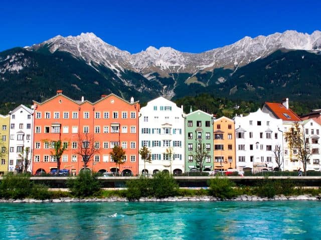 A picture of the buildings and mountains in Innsbruck, Austria.