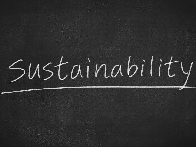 A picture of the word sustainability written on a chalkboard background.