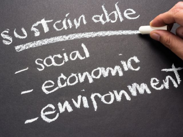 A picture of the words sustainable, social, economic, and environment on a chalkboard.