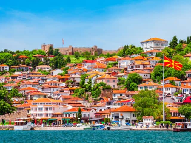 An aerial picture of Ohrid and Lake Ohrid in North Macedonia.