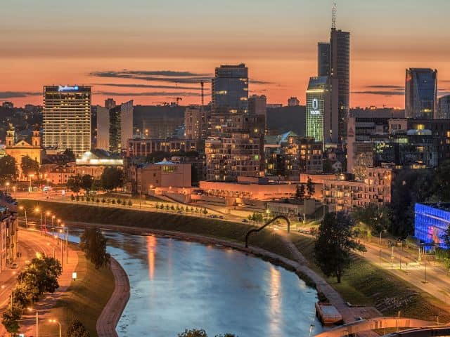 An aerial view of Vilnius in Lithuania during the night.