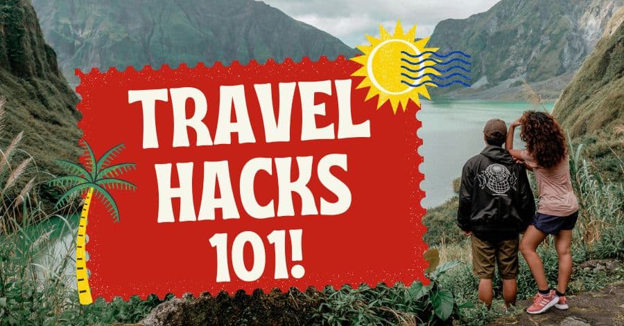 A picture of a man and a woman on a mountain with the words travel hacking 101 next to them