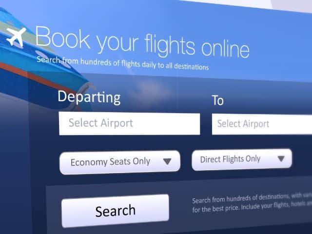 A picture of a website for booking flights online.