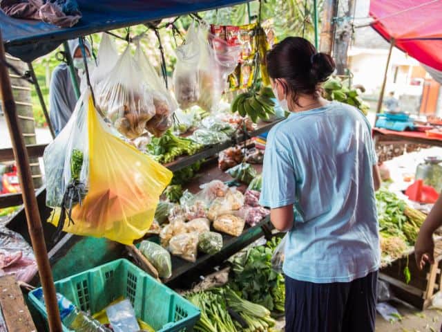 A picture of a woman buying from a local market. sustainable travel destinations.