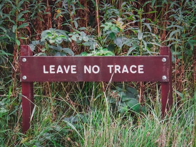 A picture of the words "leave no trace" written on a wooden sign in the woods. sustainable travel destinations.