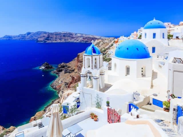 An aerial picture of Santorini in Greece.