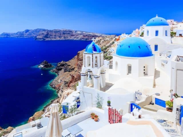 A picture of buildings in Santorini, Greece.