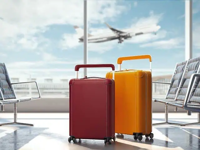 A picture of two suitcases at an airport.