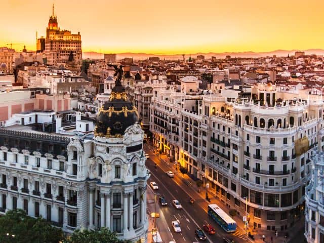 An aerial view of Gran Via in Madrid, Spain.